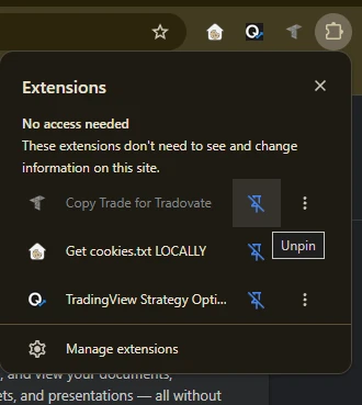 Extensions menu with the pin button next to Copy Trade for Tradovate