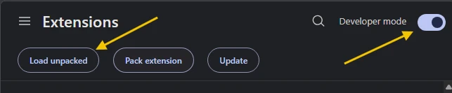 Extensions page with Developer mode switched on and the Load unpacked button highlighted